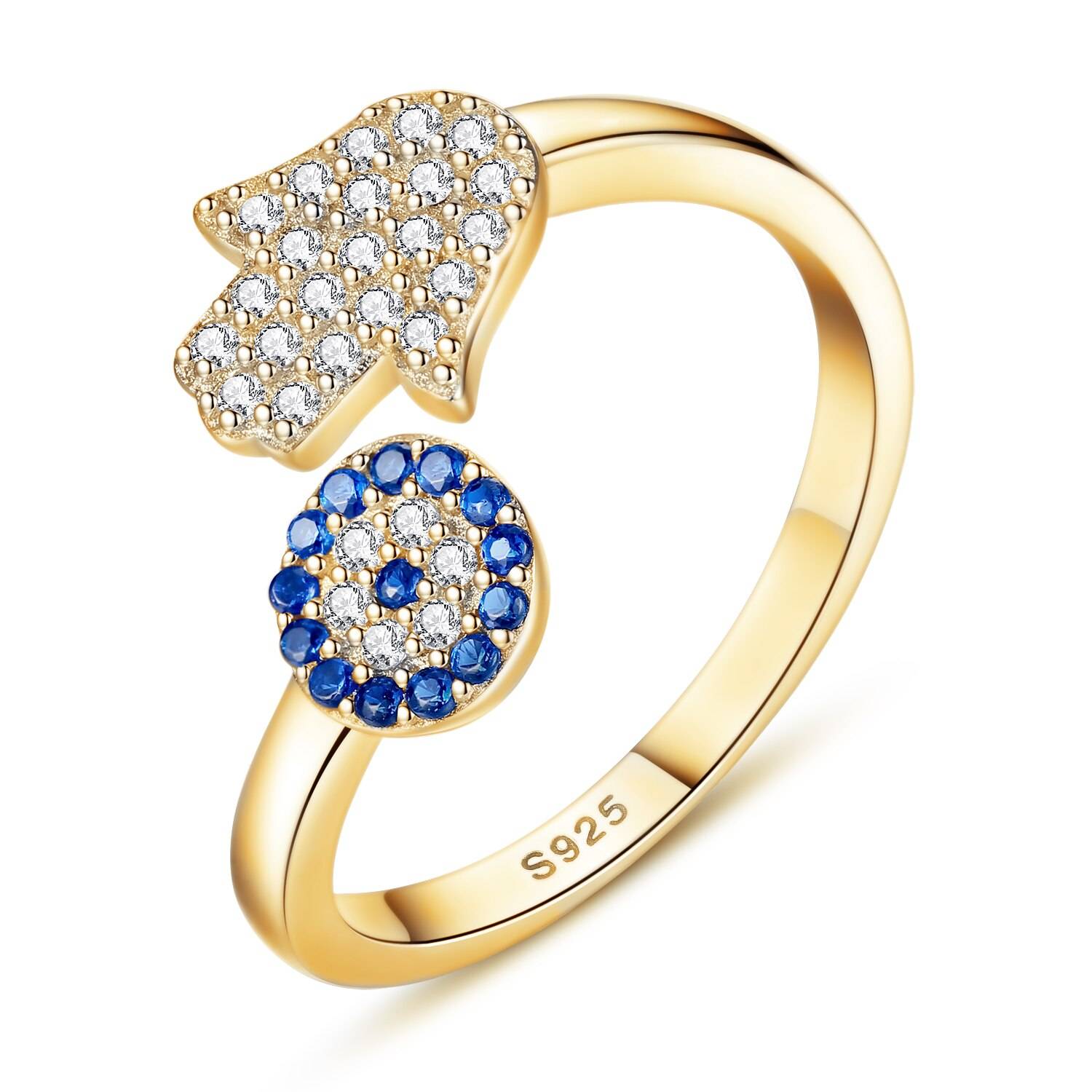 KALETINE 925 Sterling Silver Evil Eye Blue Eye Hamsa Hand Fatima Hand Adjustable Female Rings Open Size Ring Wedding Jewelry Rings