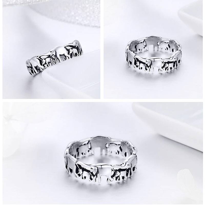 Silver Elephant Family Ring - Dewdrops & Vines